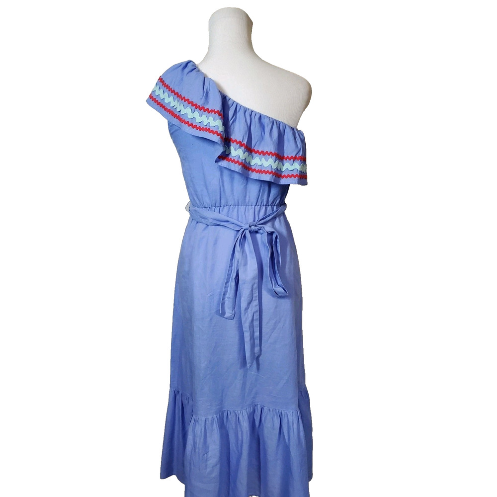 J. CREW Womens XXS One Shoulder Dress Blue Tiered Midi Linen Cotton Ric‎ Rac - Picture 4 of 9